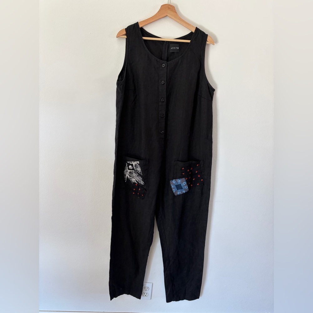 OFFON Black Linen Button Front Sleeveless Jumpsuit With Patches Size Medium